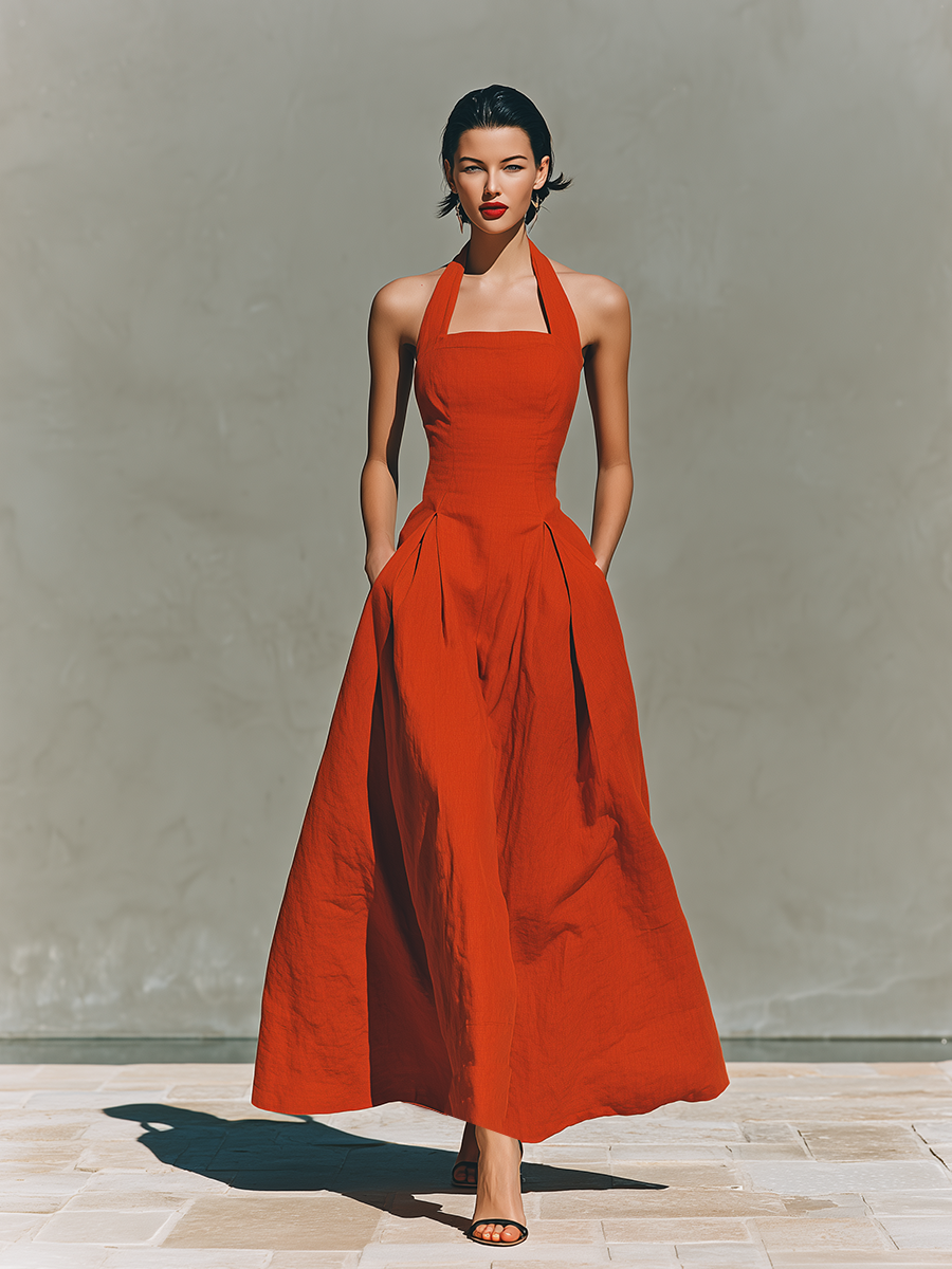 Women’s Red Linen Halter Maxi Dress – Pleated Flowing Resort Dress for Elegant Summer Vacation Style