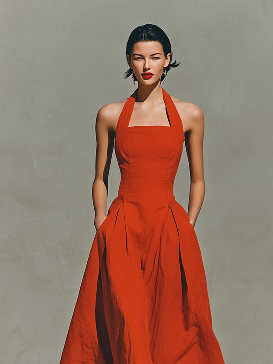 Women’s Red Linen Halter Maxi Dress – Pleated Flowing Resort Dress for Elegant Summer Vacation Style