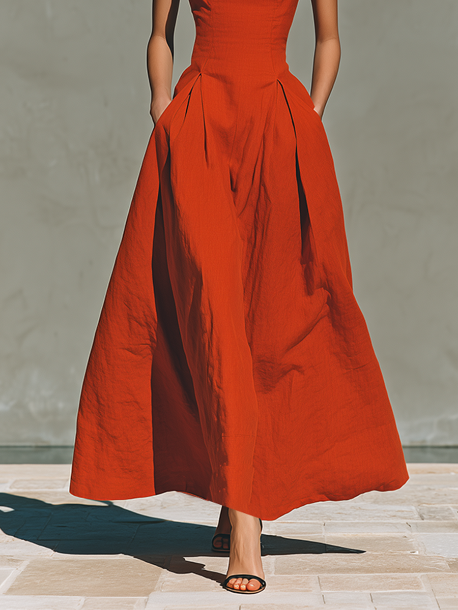 Women’s Red Linen Halter Maxi Dress – Pleated Flowing Resort Dress for Elegant Summer Vacation Style