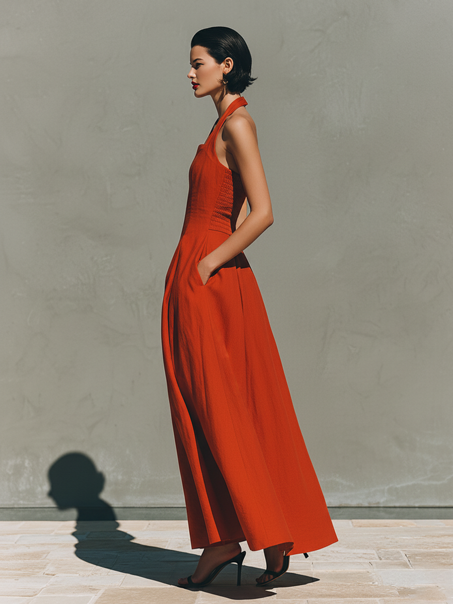 Women’s Red Linen Halter Maxi Dress – Pleated Flowing Resort Dress for Elegant Summer Vacation Style