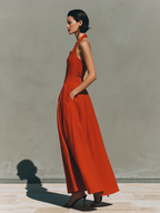 Women’s Red Linen Halter Maxi Dress – Pleated Flowing Resort Dress for Elegant Summer Vacation Style
