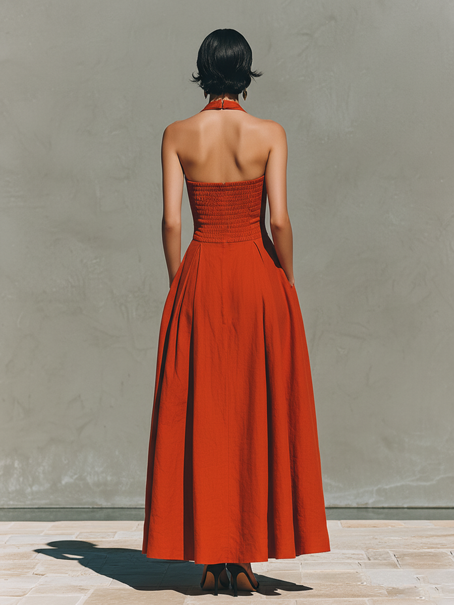 Women’s Red Linen Halter Maxi Dress – Pleated Flowing Resort Dress for Elegant Summer Vacation Style