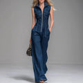 Women’s Sleeveless Denim Cargo Jumpsuit – High Waist Wide Leg Utility Chic Outfit