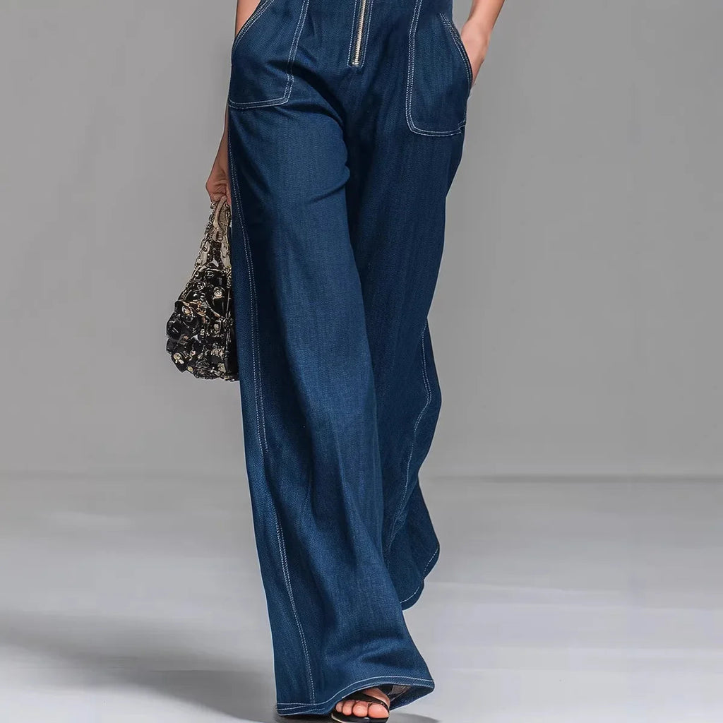 Women’s Sleeveless Denim Cargo Jumpsuit – High Waist Wide Leg Utility Chic Outfit
