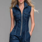 Women’s Sleeveless Denim Cargo Jumpsuit – High Waist Wide Leg Utility Chic Outfit