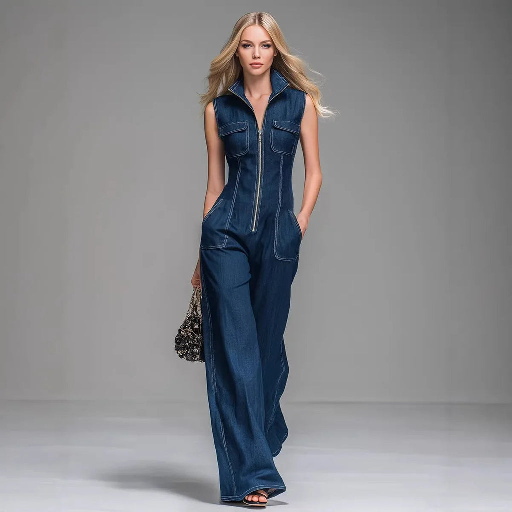 Women’s Sleeveless Denim Cargo Jumpsuit – High Waist Wide Leg Utility Chic Outfit