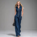 Women’s Sleeveless Denim Cargo Jumpsuit – High Waist Wide Leg Utility Chic Outfit