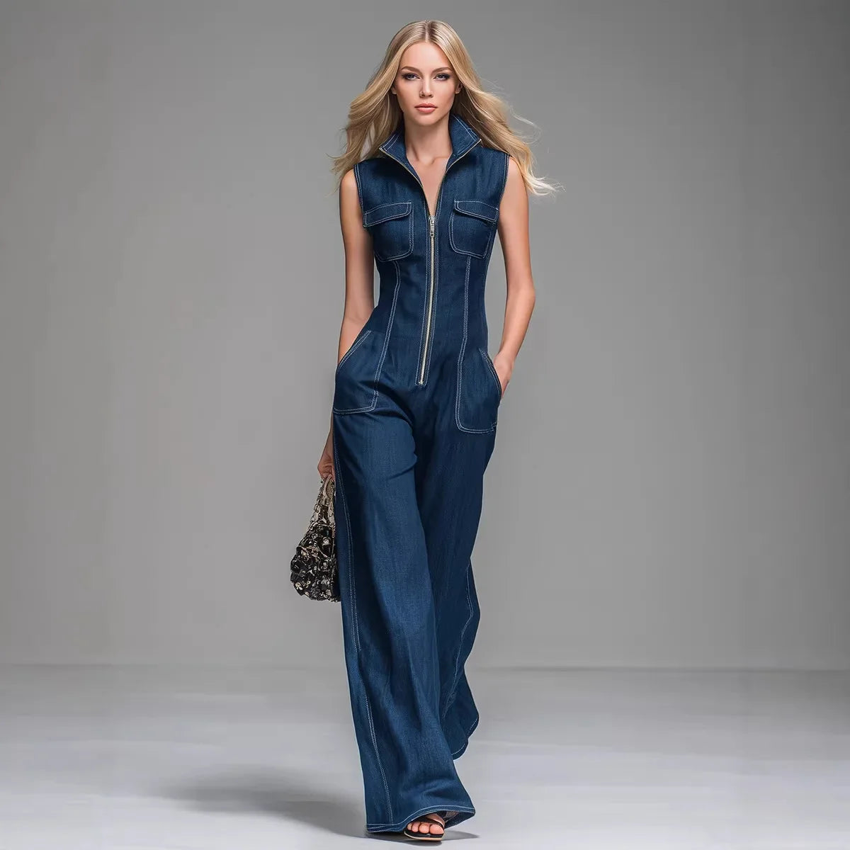 Women’s Sleeveless Denim Cargo Jumpsuit – High Waist Wide Leg Utility Chic Outfit