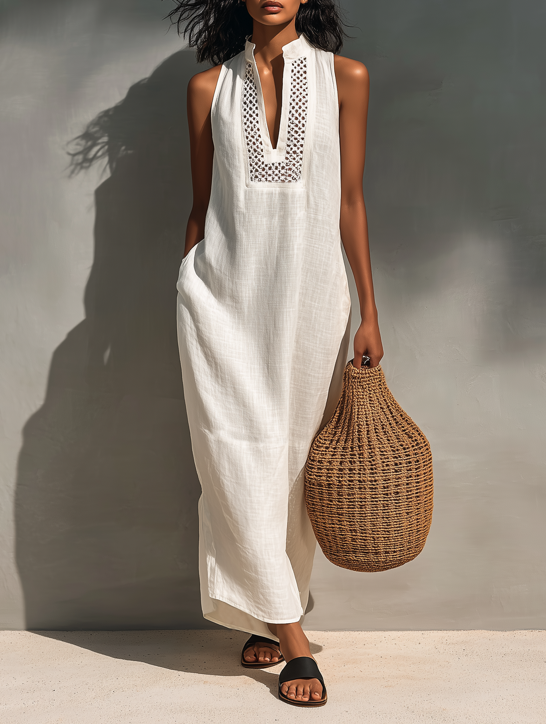 Women’s Minimalist Cutout Sleeveless Maxi Dress – Modern Elegant Lightweight Summer Dress for Casual to Dressy Occasions