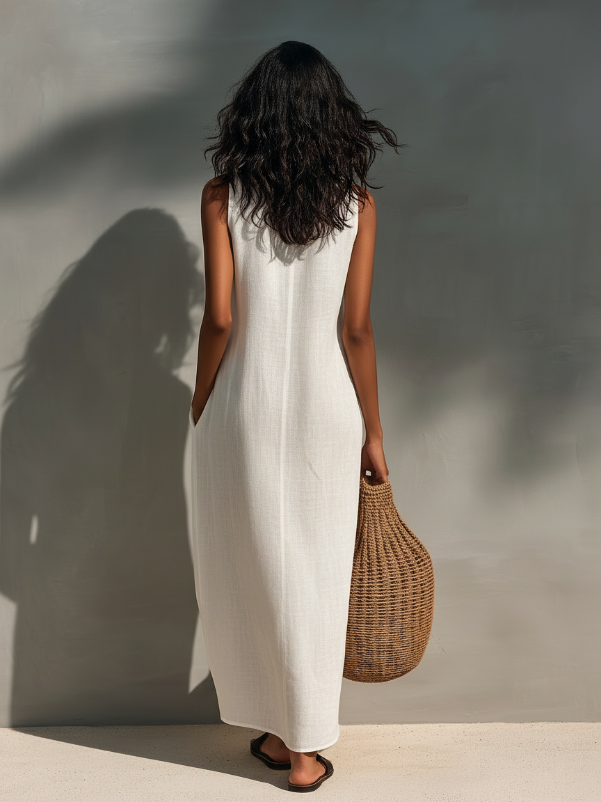Women’s Minimalist Sleeveless Cutout Neck Maxi Dress – Elegant Modern Casual Summer Dress