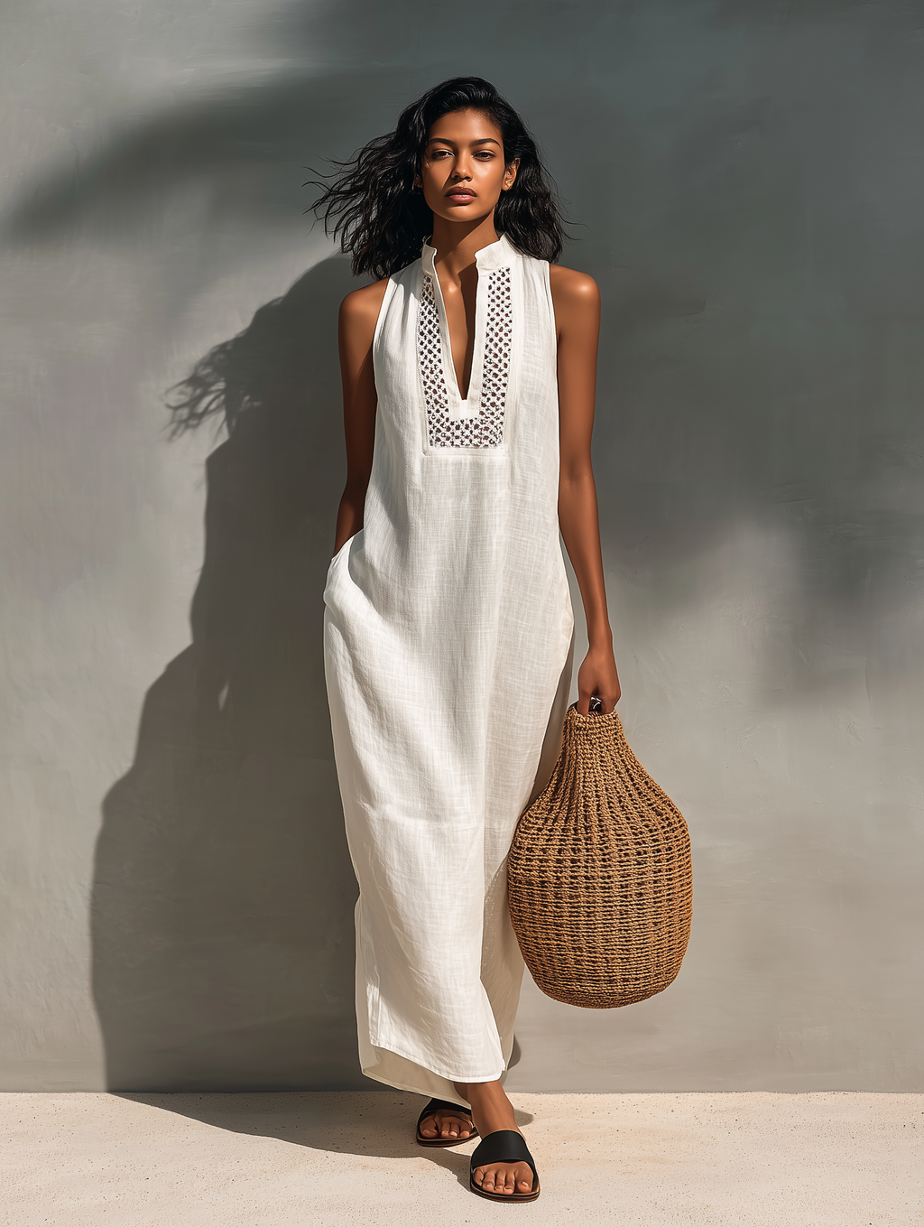 Women’s Minimalist Sleeveless Cutout Neck Maxi Dress – Elegant Modern Casual Summer Dress