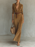 Women’s Suede Lapel Maxi Dress – Belted Single-Breasted Long Sleeve Elegant Faux Suede Shirt Dress