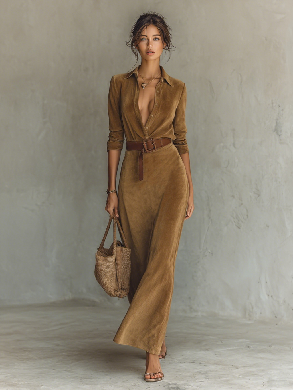 Women’s Suede Lapel Maxi Dress – Belted Single-Breasted Long Sleeve Elegant Faux Suede Shirt Dress