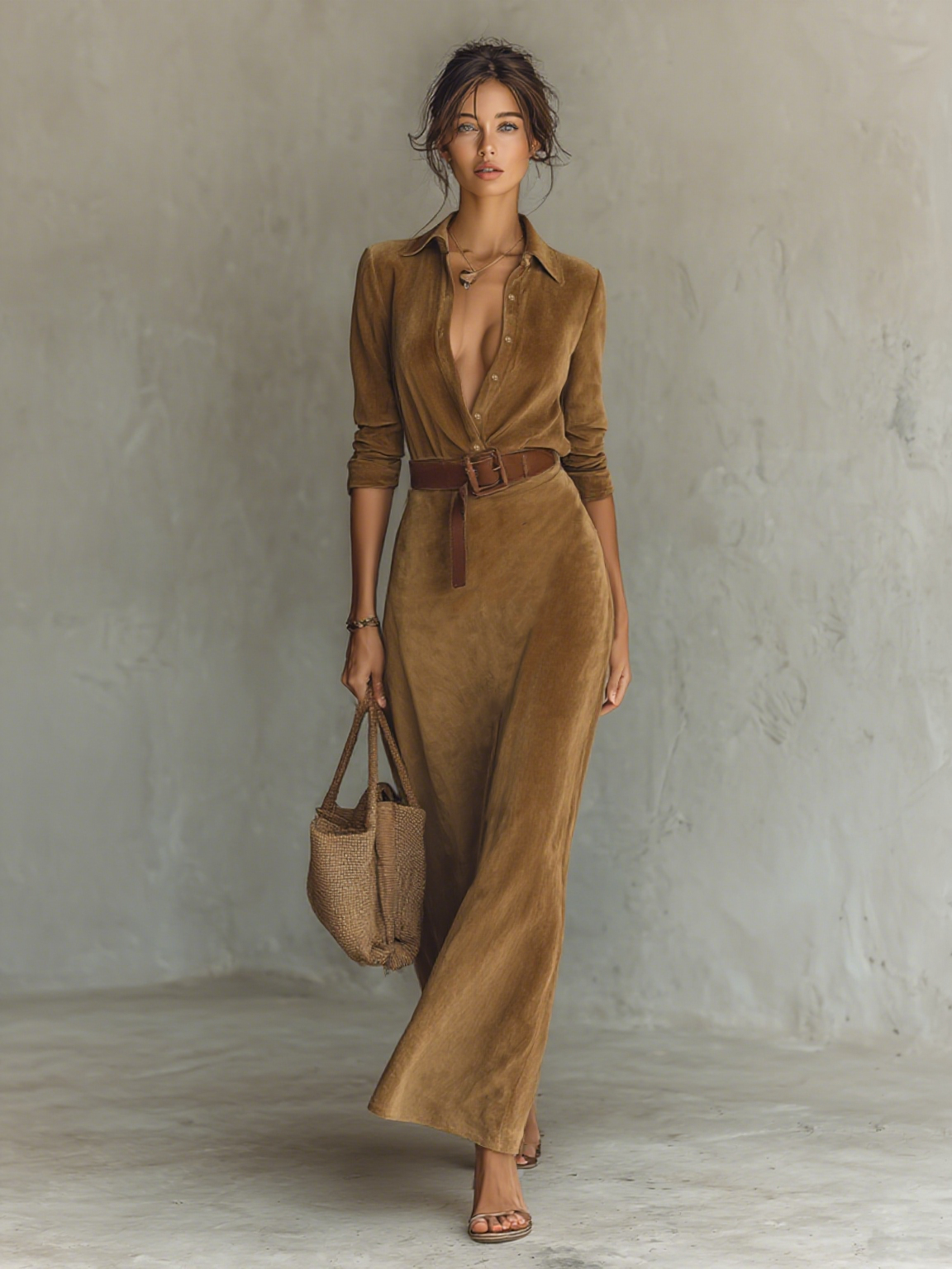 Women’s Suede Lapel Maxi Dress – Belted Single-Breasted Long Sleeve Elegant Faux Suede Shirt Dress