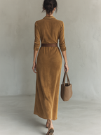Women’s Suede Lapel Maxi Dress – Belted Single-Breasted Long Sleeve Elegant Faux Suede Shirt Dress