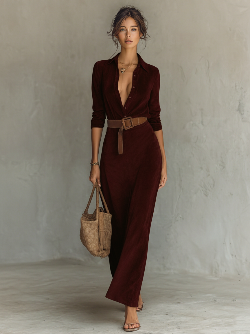 Women’s Suede Lapel Maxi Dress – Belted Single-Breasted Long Sleeve Elegant Faux Suede Shirt Dress