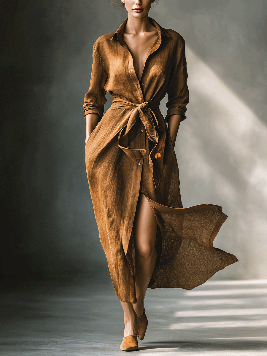 Women’s Vintage Brown Shirt Maxi Dress – Collared Button Down Ruched Waist Belted Casual Elegant Dress