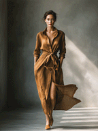 Women’s Vintage Brown Shirt Maxi Dress – Collared Button Down Ruched Waist Belted Casual Elegant Dress