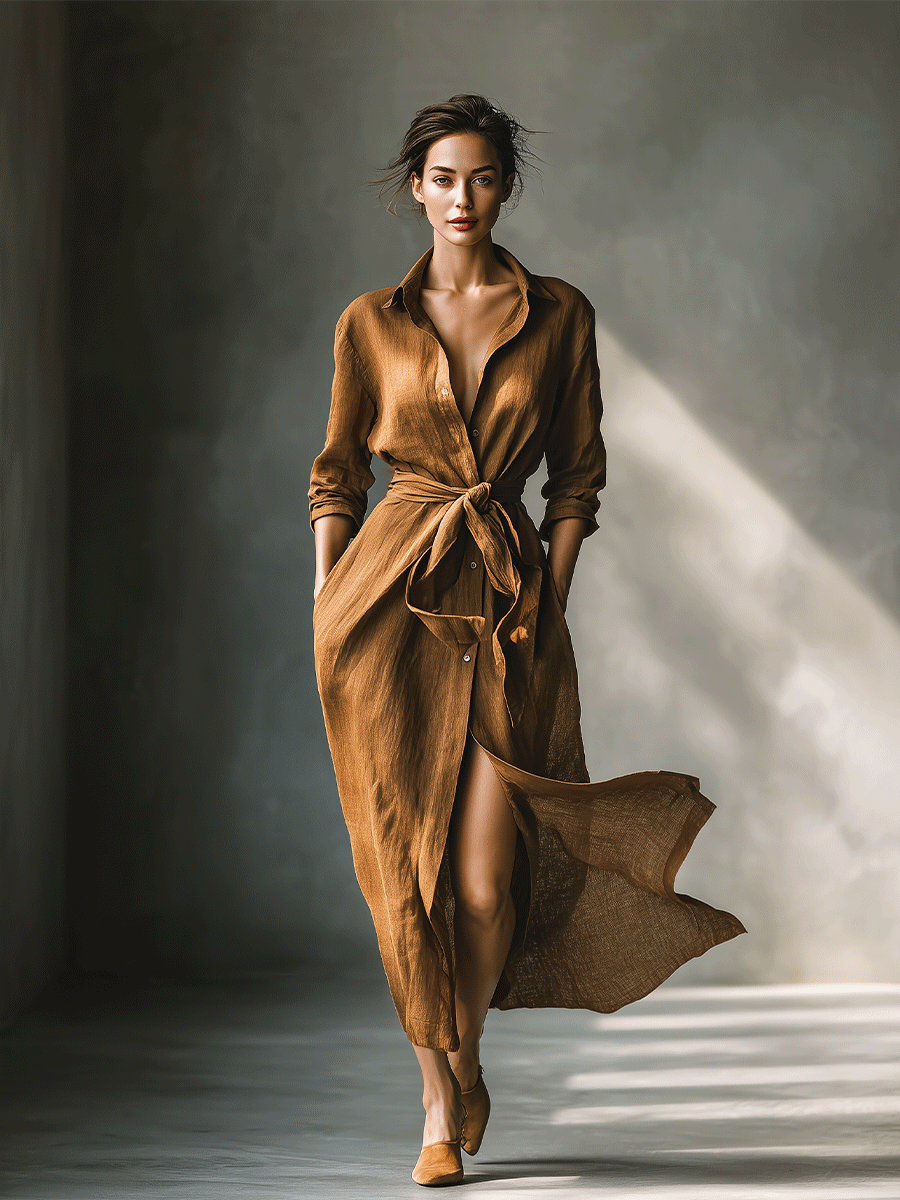 Women’s Vintage Brown Shirt Maxi Dress – Collared Button Down Ruched Waist Belted Casual Elegant Dress