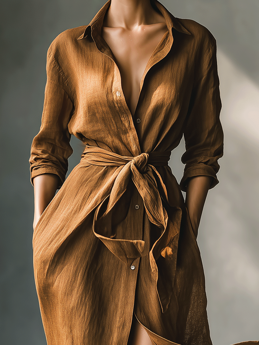 Women’s Vintage Brown Shirt Maxi Dress – Collared Button Down Ruched Waist Belted Casual Elegant Dress