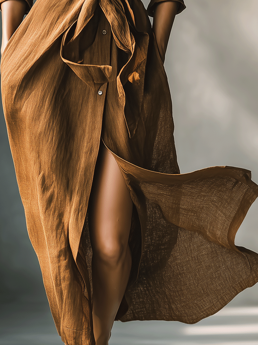 Women’s Vintage Brown Shirt Maxi Dress – Collared Button Down Ruched Waist Belted Casual Elegant Dress