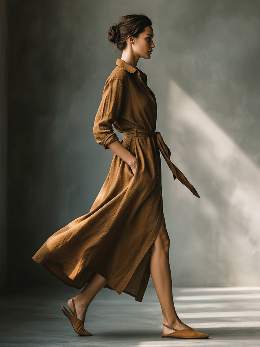 Women’s Vintage Brown Shirt Maxi Dress – Collared Button Down Ruched Waist Belted Casual Elegant Dress