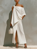 Women’s White Linen One-Shoulder Top & Maxi Skirt Set – Elegant Resort 2-Piece Outfit with Front Slit
