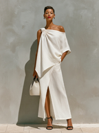 Women’s White Linen One-Shoulder Top & Maxi Skirt Set – Elegant Resort 2-Piece Outfit with Front Slit