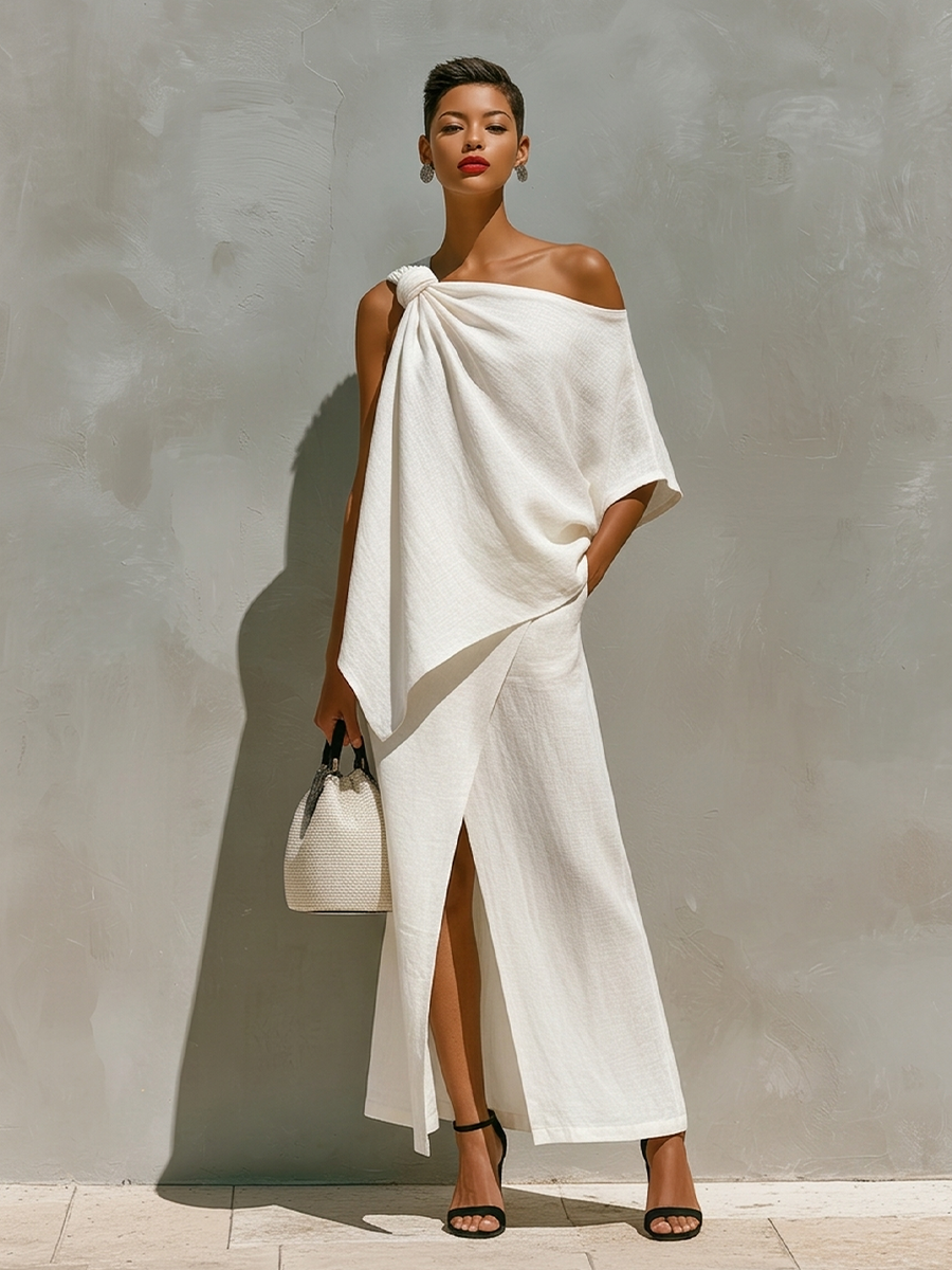 Women’s White Linen One-Shoulder Top & Maxi Skirt Set – Elegant Resort 2-Piece Outfit with Front Slit