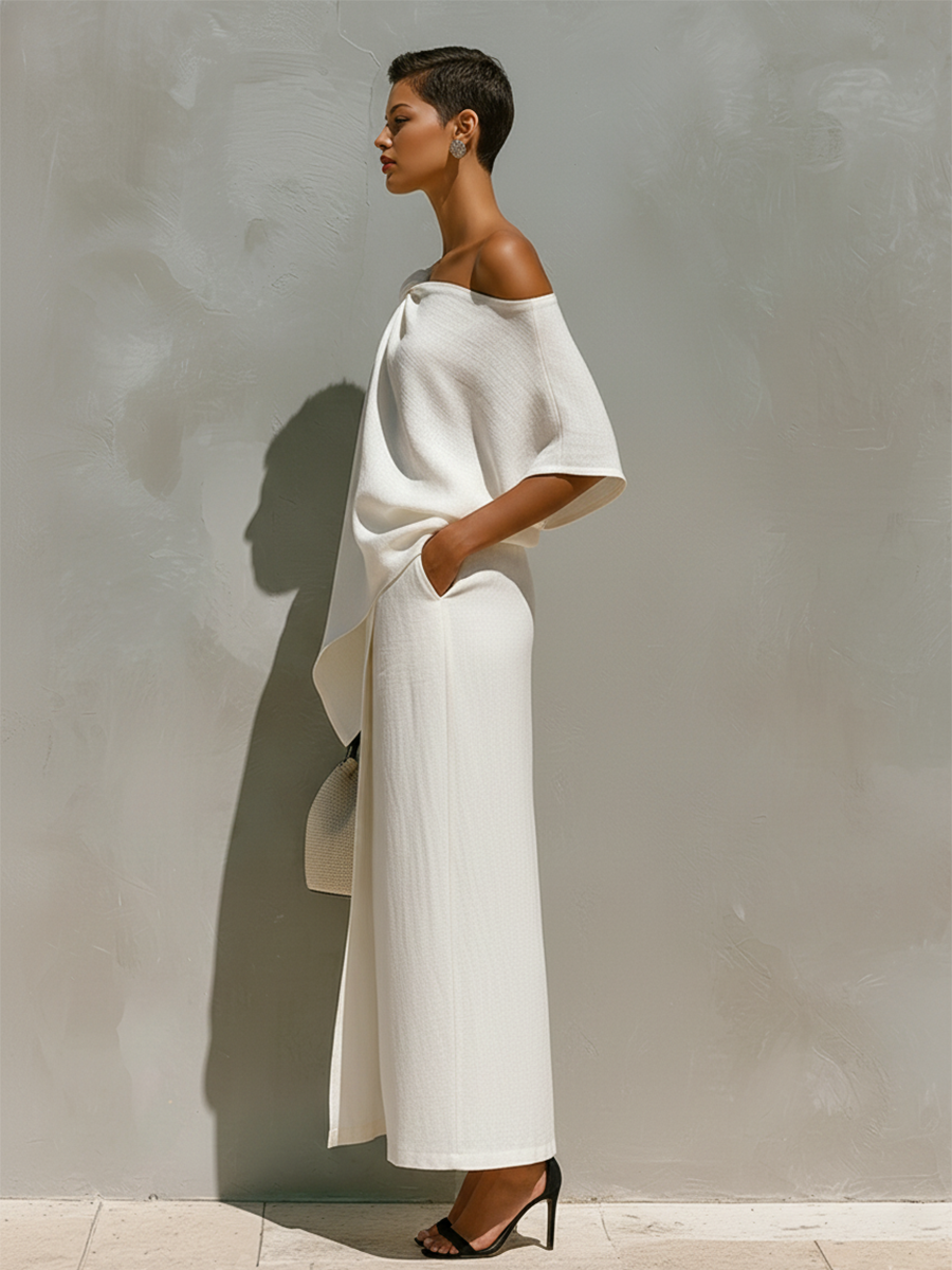 Women’s White Linen One-Shoulder Top & Maxi Skirt Set – Elegant Resort 2-Piece Outfit with Front Slit