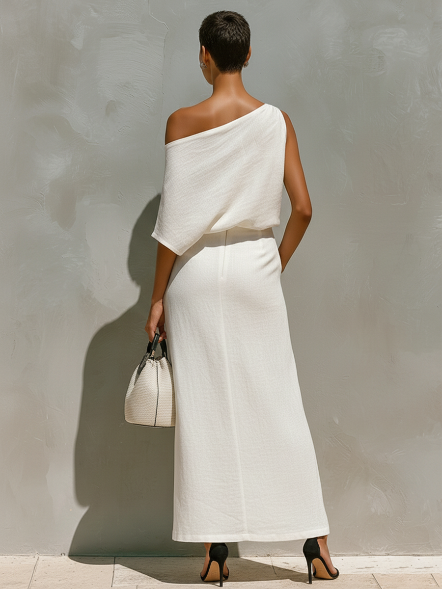 Women’s White Linen One-Shoulder Top & Maxi Skirt Set – Elegant Resort 2-Piece Outfit with Front Slit