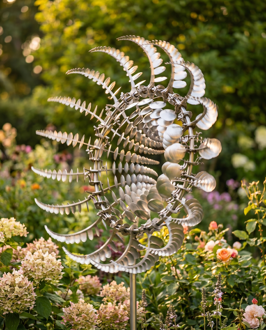 Kinetic metal wind spinner in a garden, lifestyle