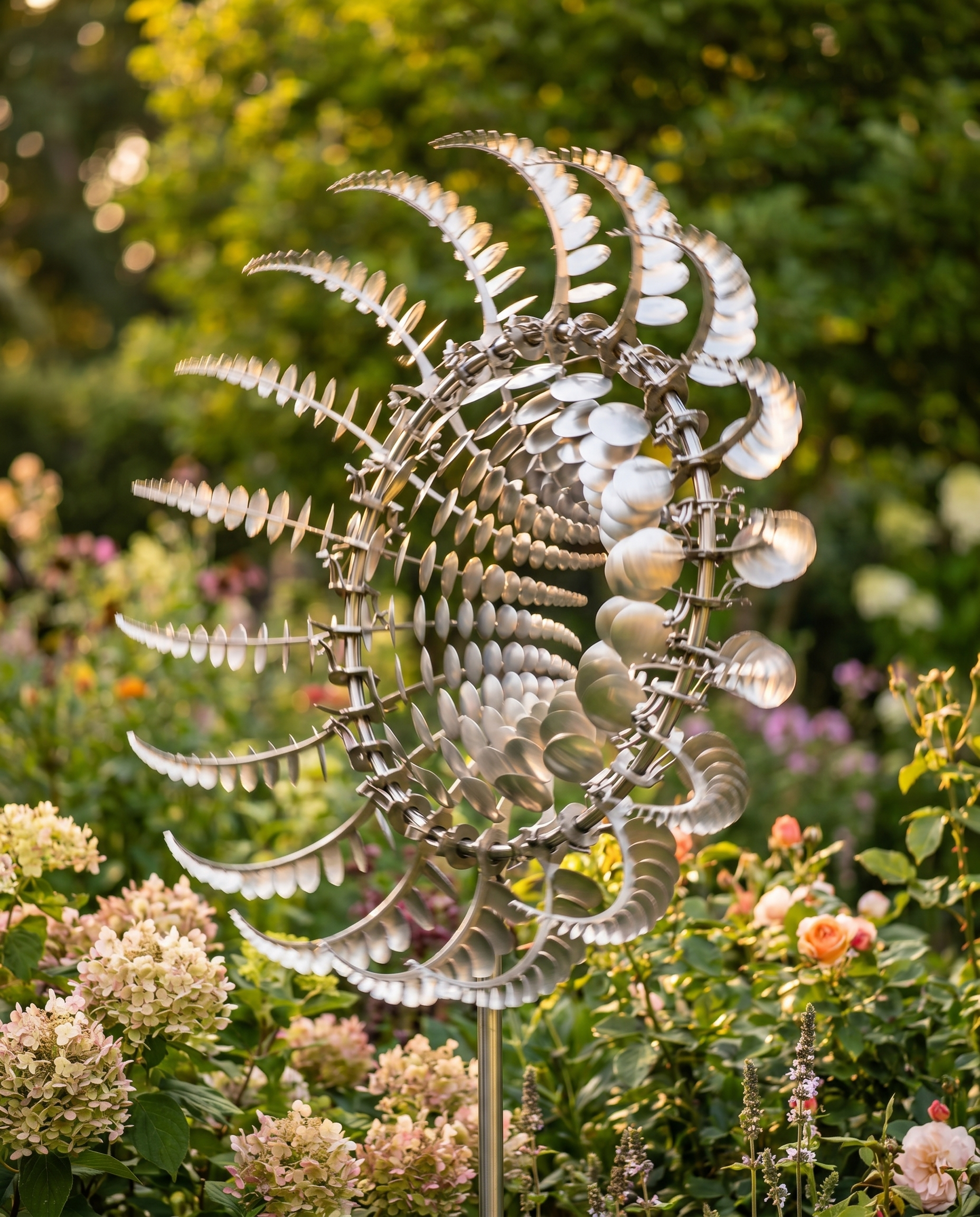 Kinetic metal wind spinner in a garden, lifestyle