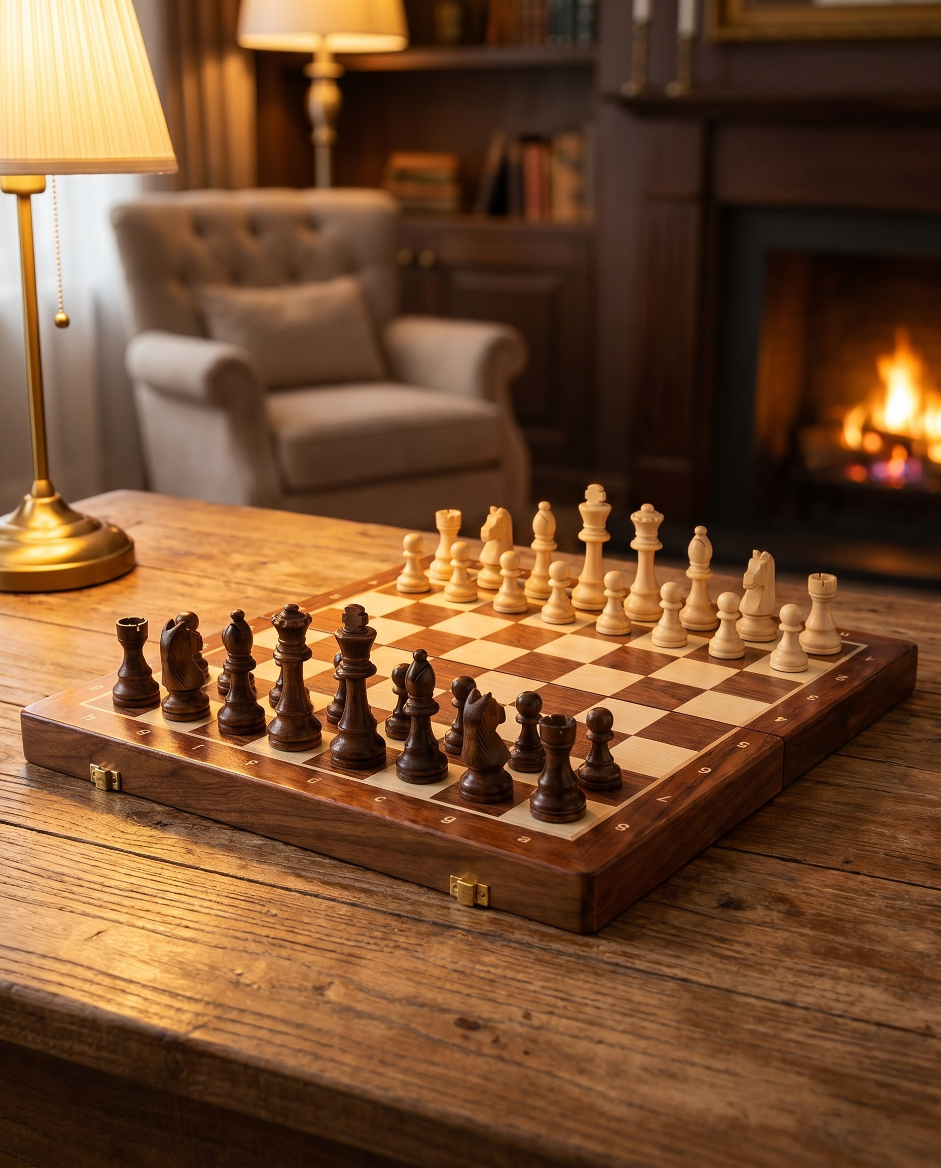 Premium wooden chess set mid-game, lifestyle