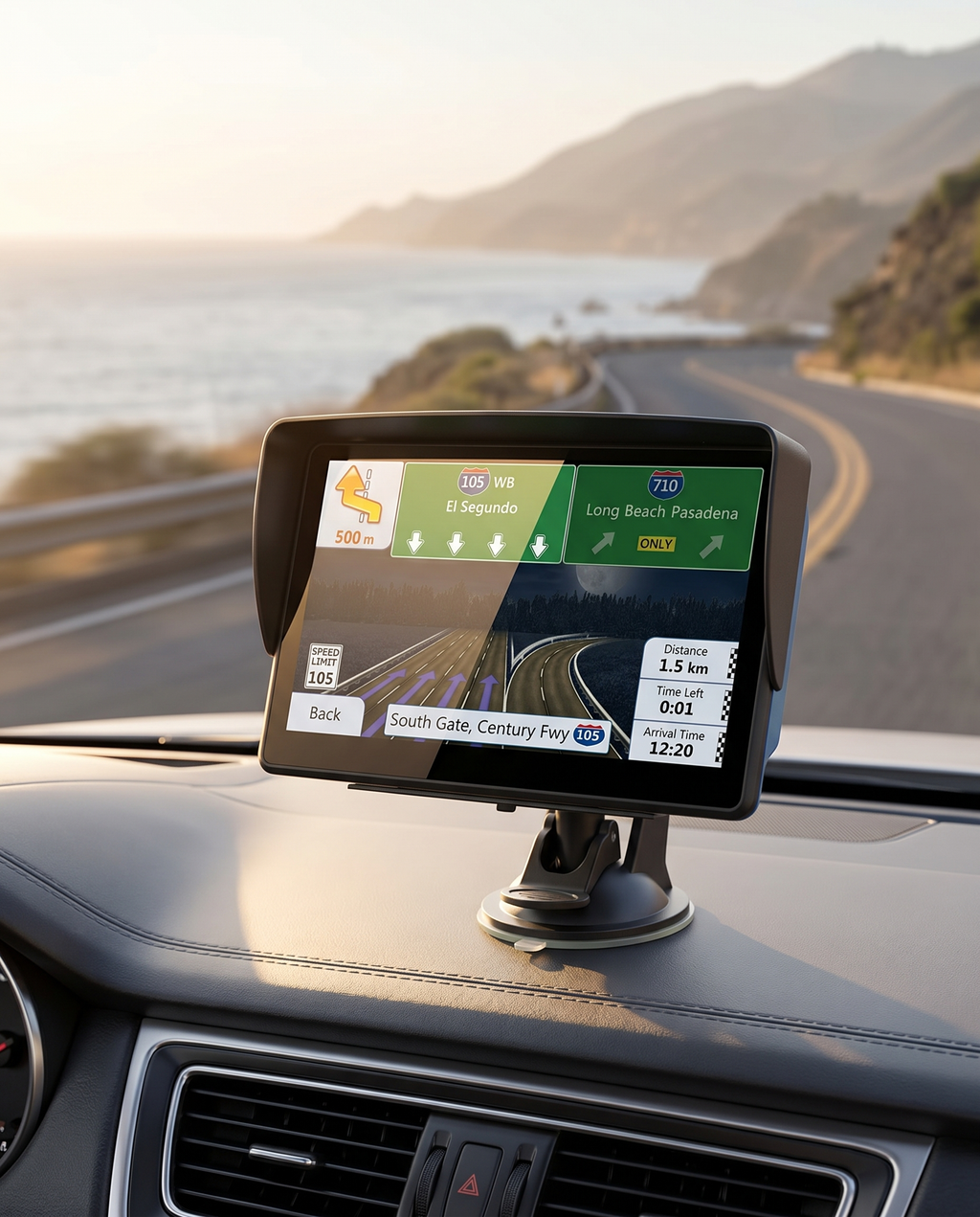 7-inch GPS navigation on a car dashboard, lifestyle