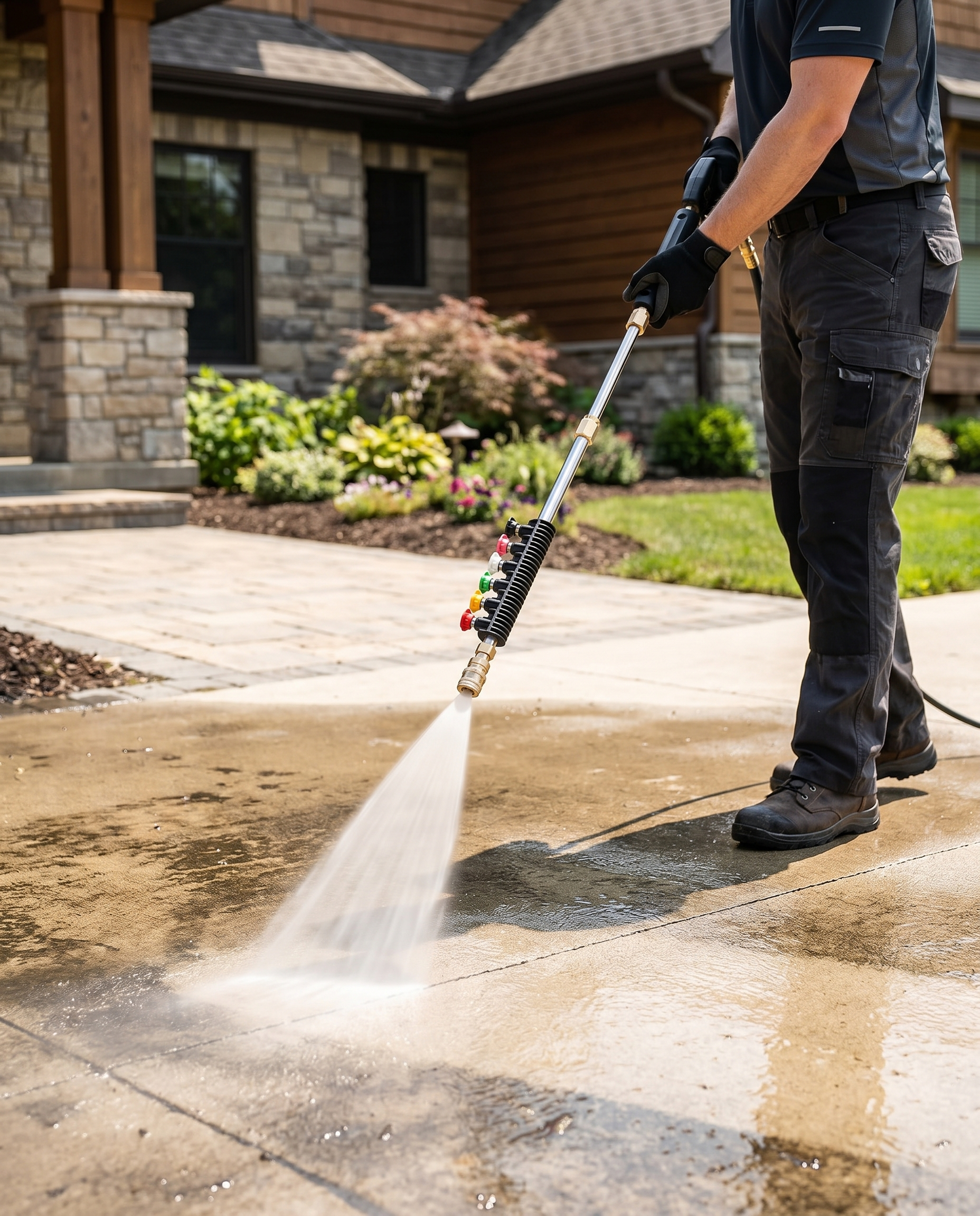 Telescoping pressure washer wand cleaning a driveway, lifestyle