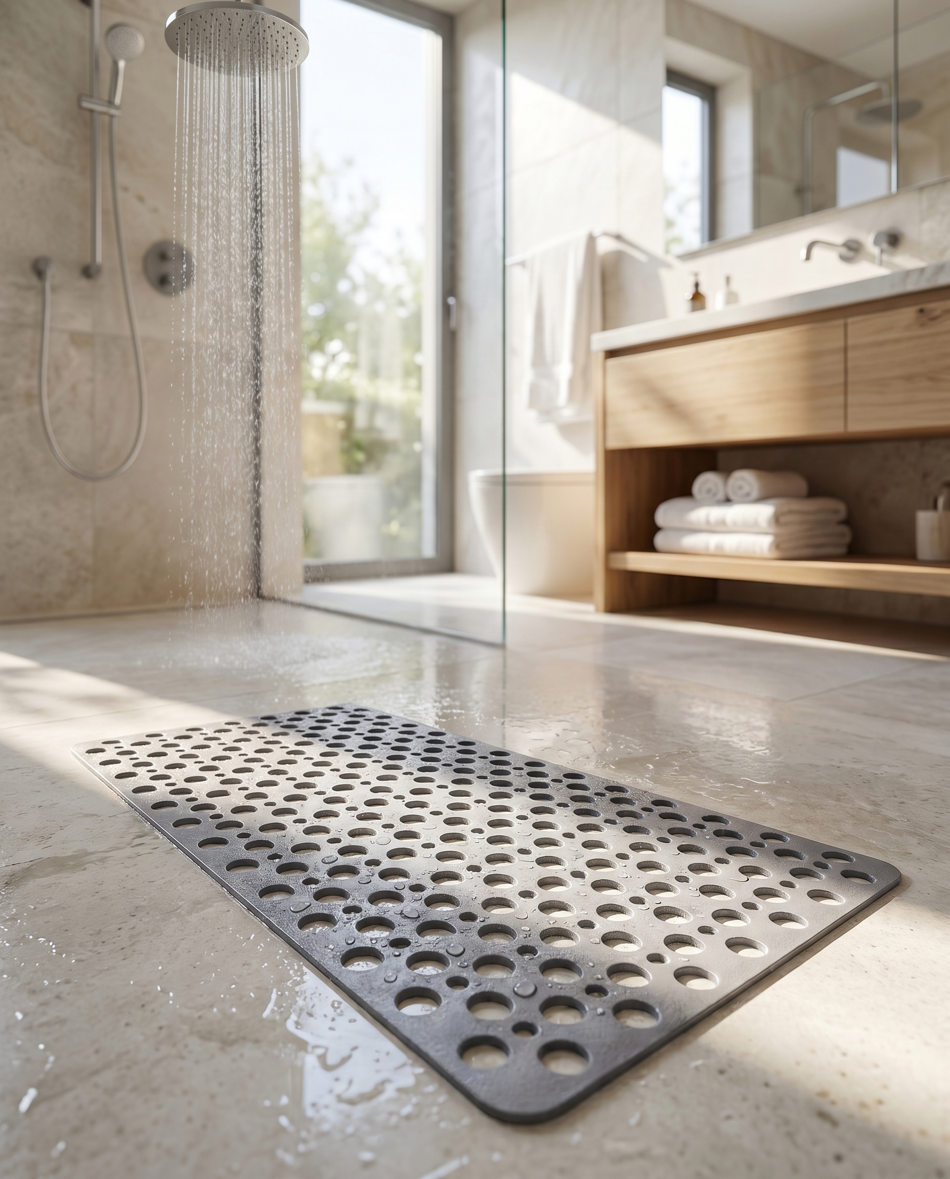 Non-slip shower mat in a modern shower, lifestyle