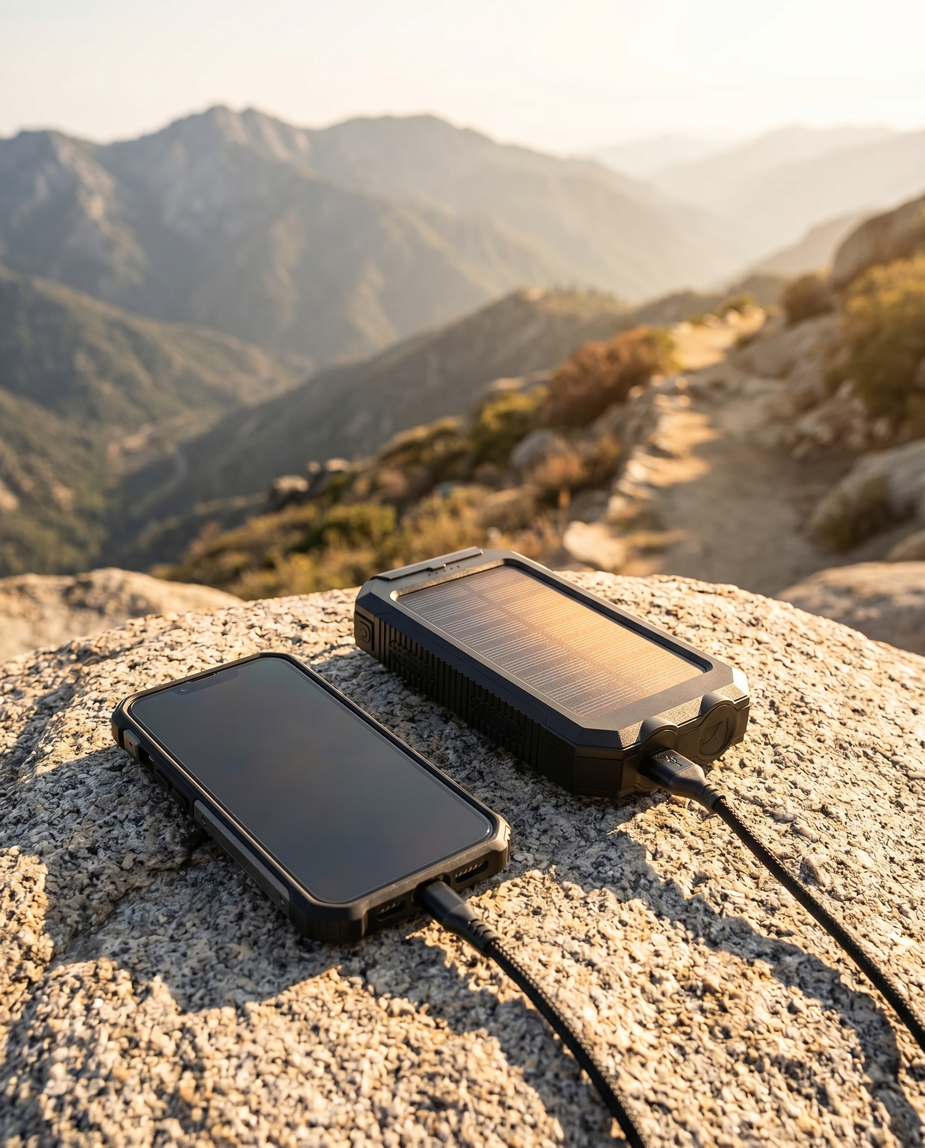 Solar power bank charging a phone on a hike, lifestyle