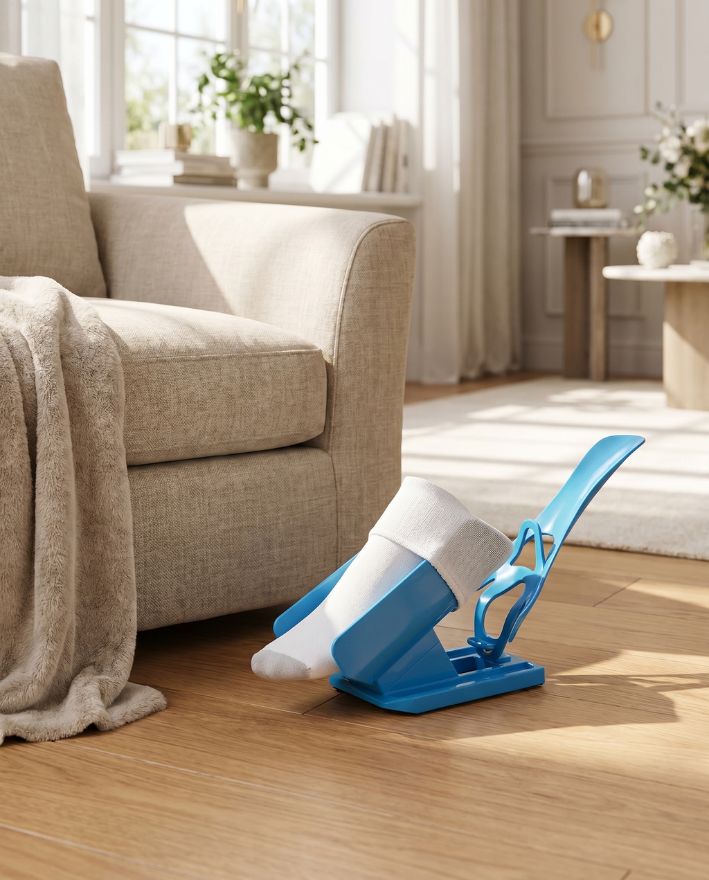 Foldable sock and shoe aid beside a chair, lifestyle