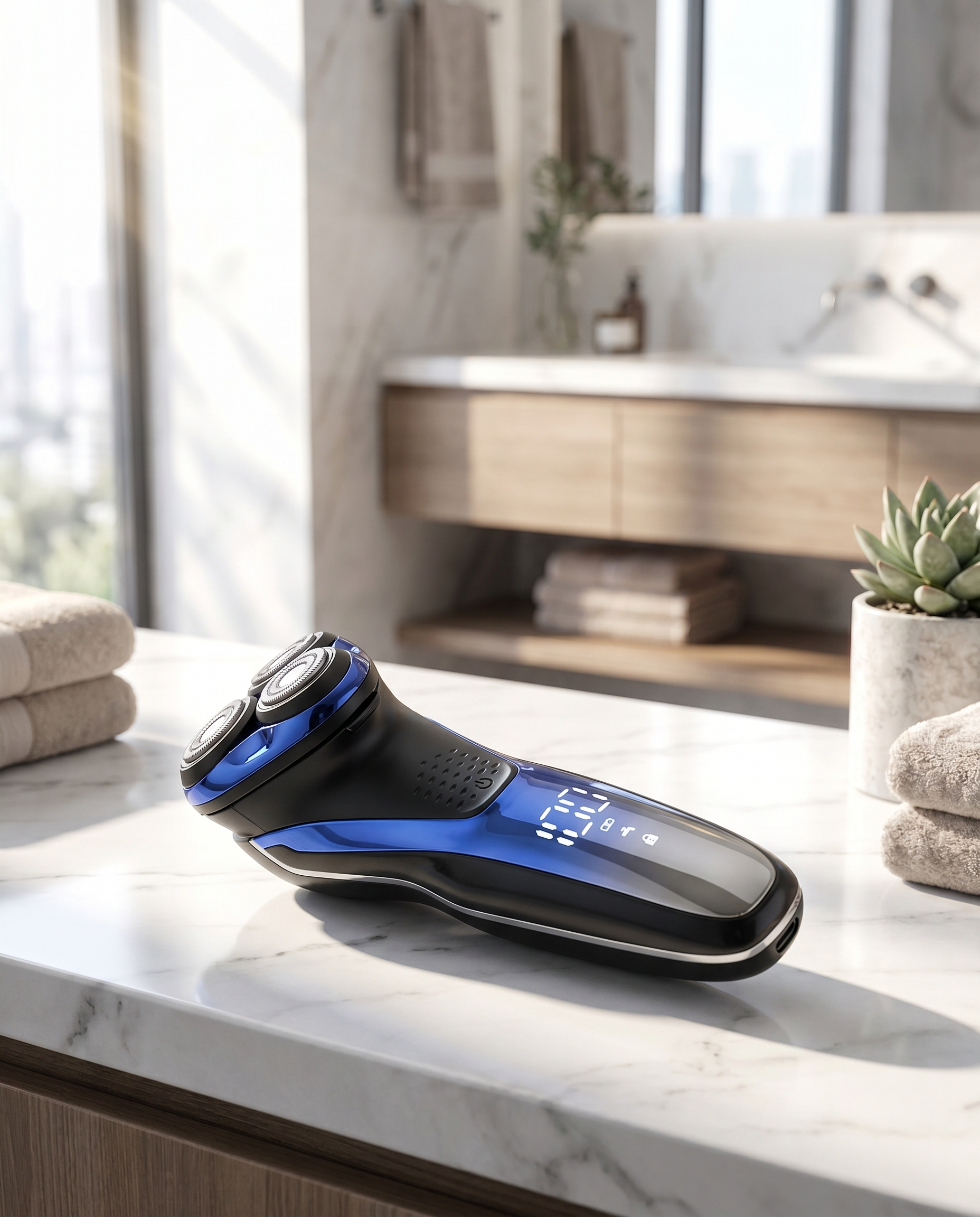Cordless men's electric shaver on a bathroom counter, lifestyle