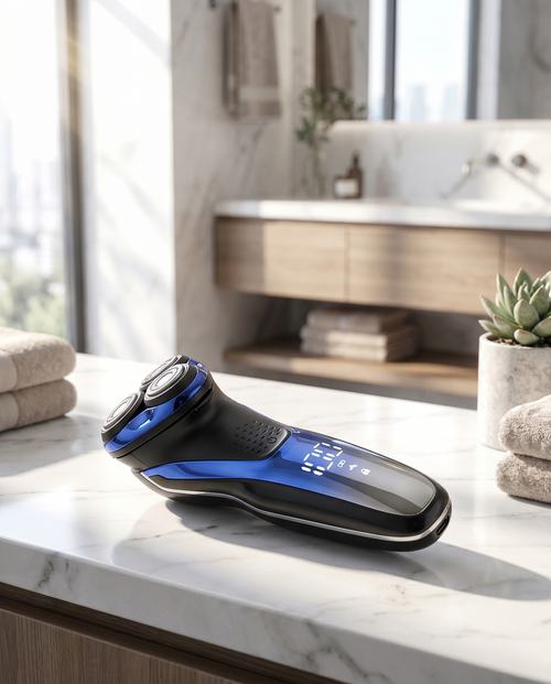 Cordless men's electric shaver on a bathroom counter, lifestyle