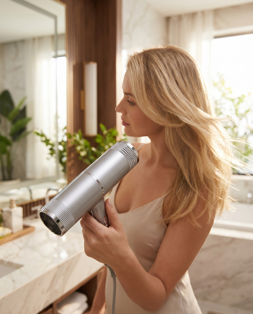 Ultra-light professional hair dryer in use, lifestyle