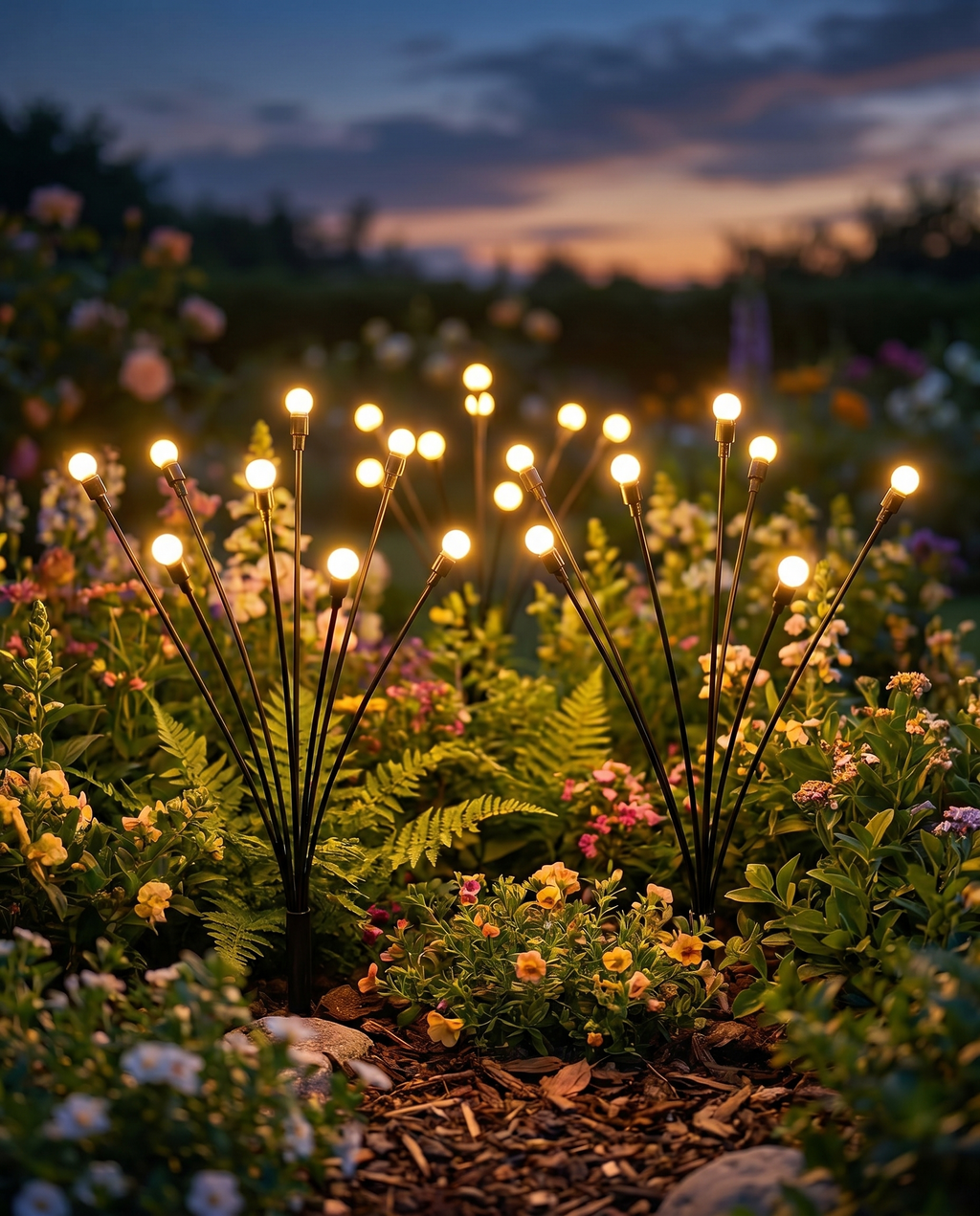 Solar firefly garden lights glowing at dusk, lifestyle