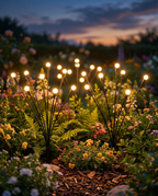 Solar firefly garden lights glowing at dusk, lifestyle