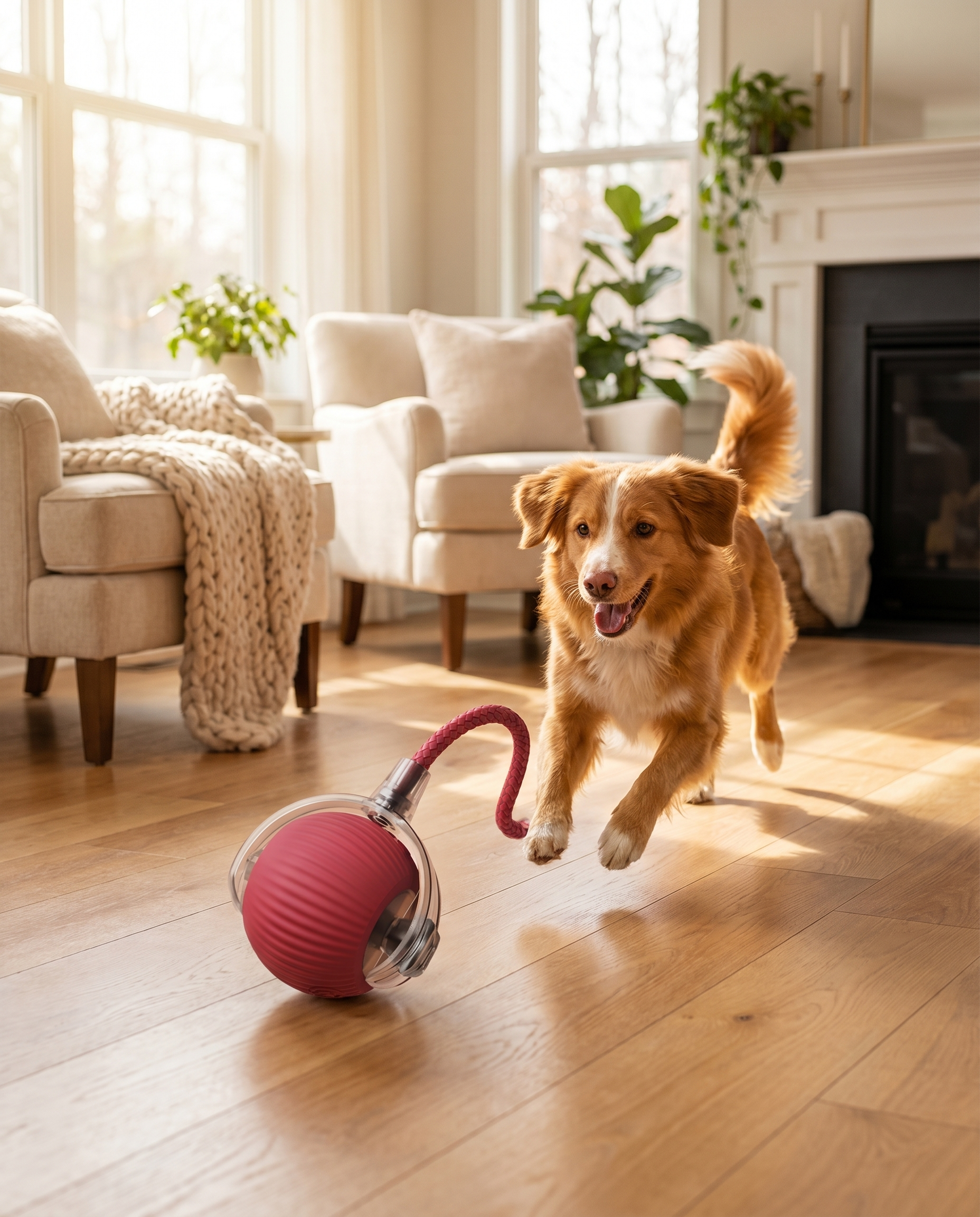 Motion rolling dog ball toy with a dog, lifestyle