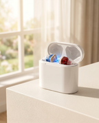 Rechargeable digital hearing aids in charging case, product photo
