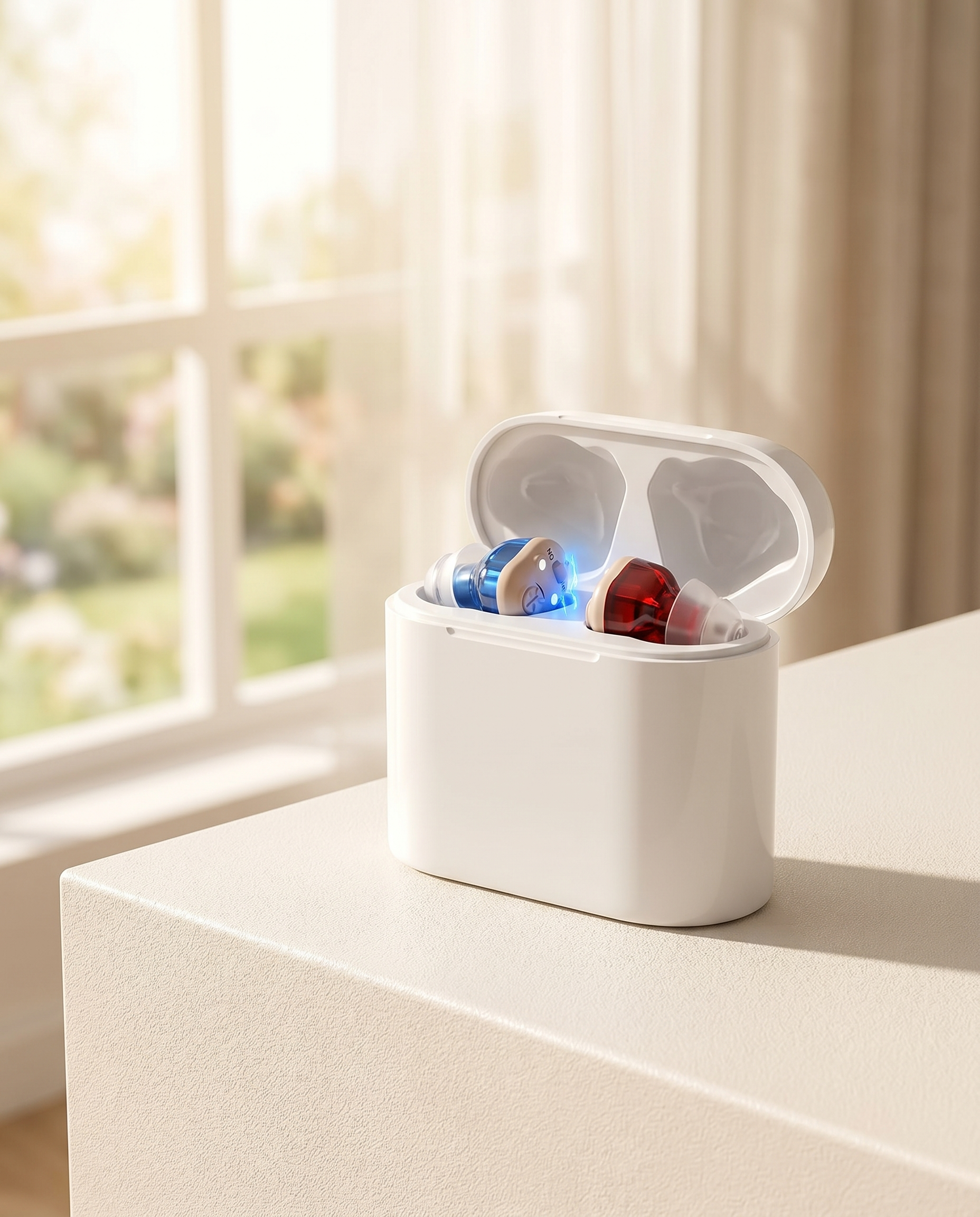 Rechargeable digital hearing aids in charging case, product photo
