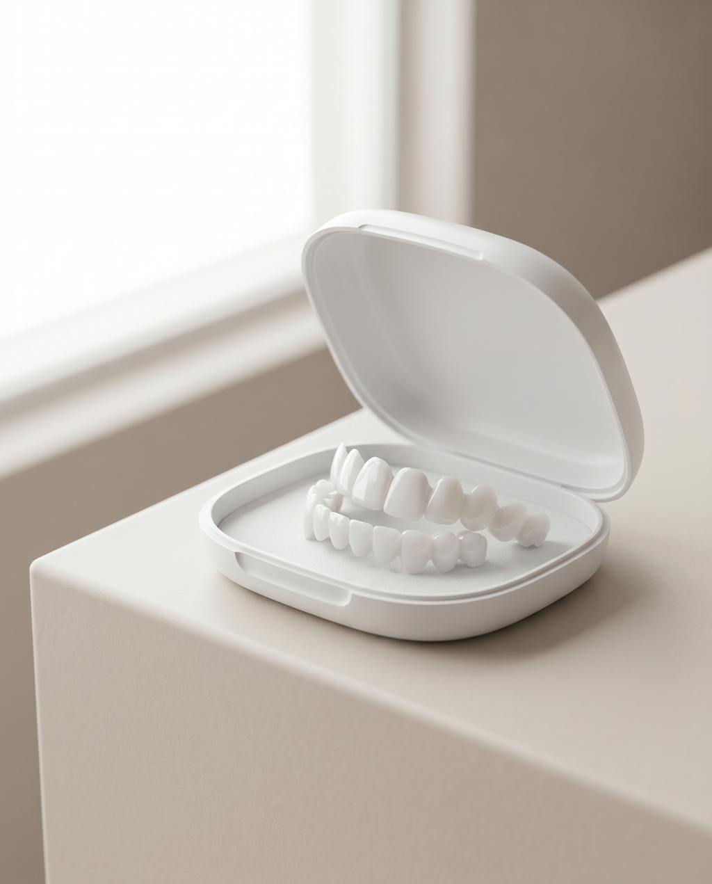 Removable moldable dental veneers in case, product photo