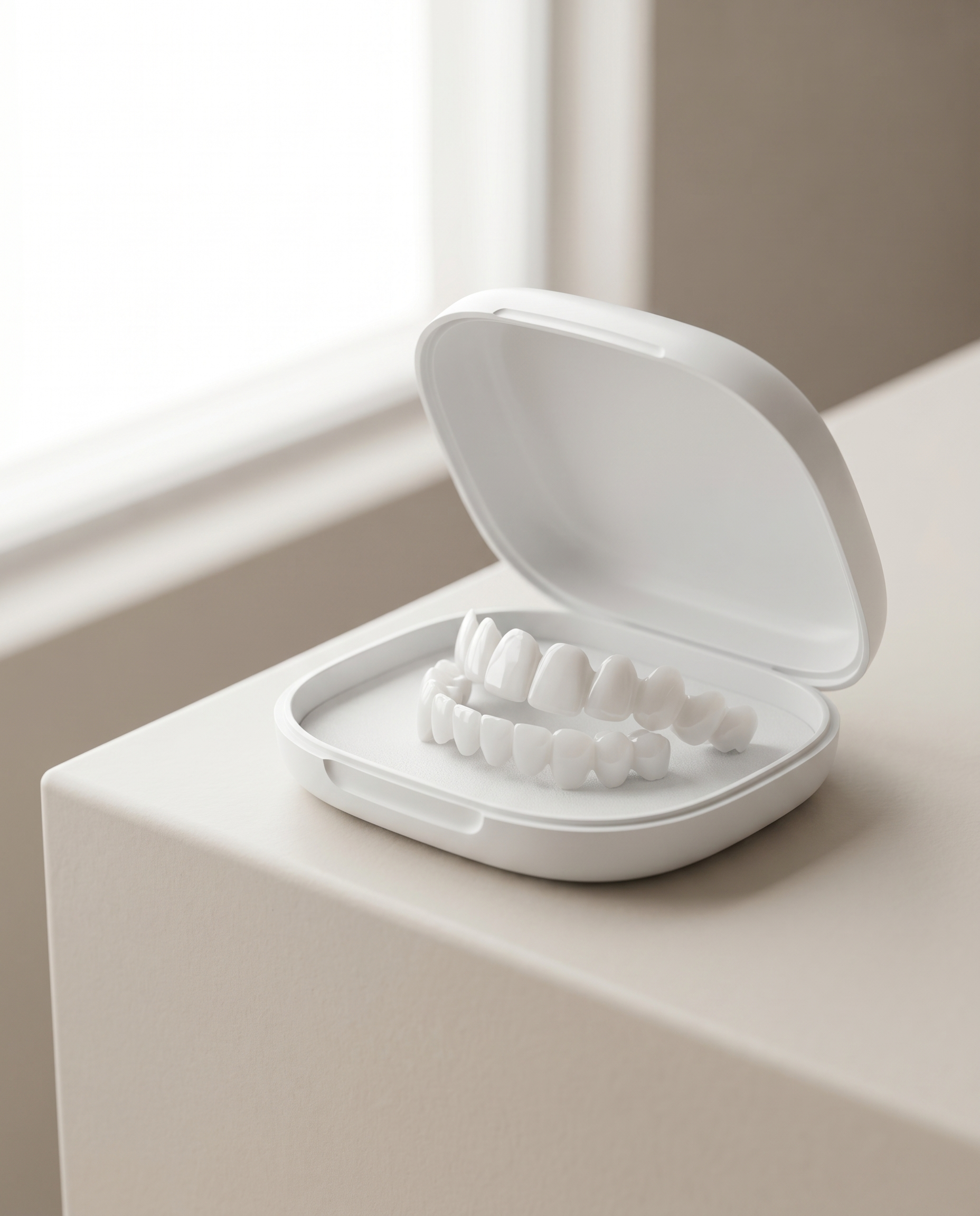 Removable moldable dental veneers in case, product photo