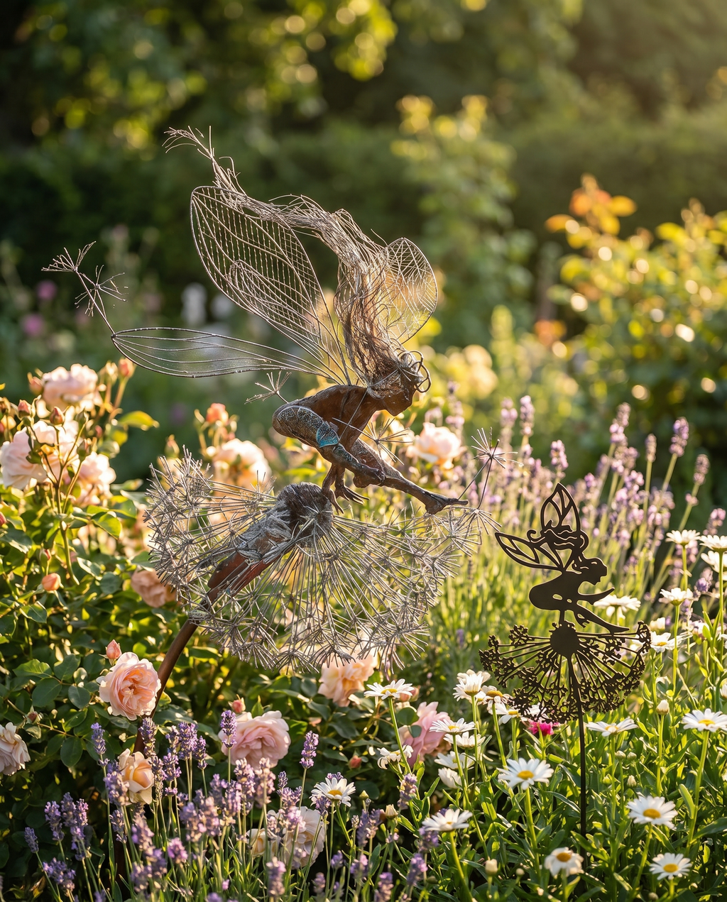 Laser-cut steel fairy garden sculptures in a garden, lifestyle